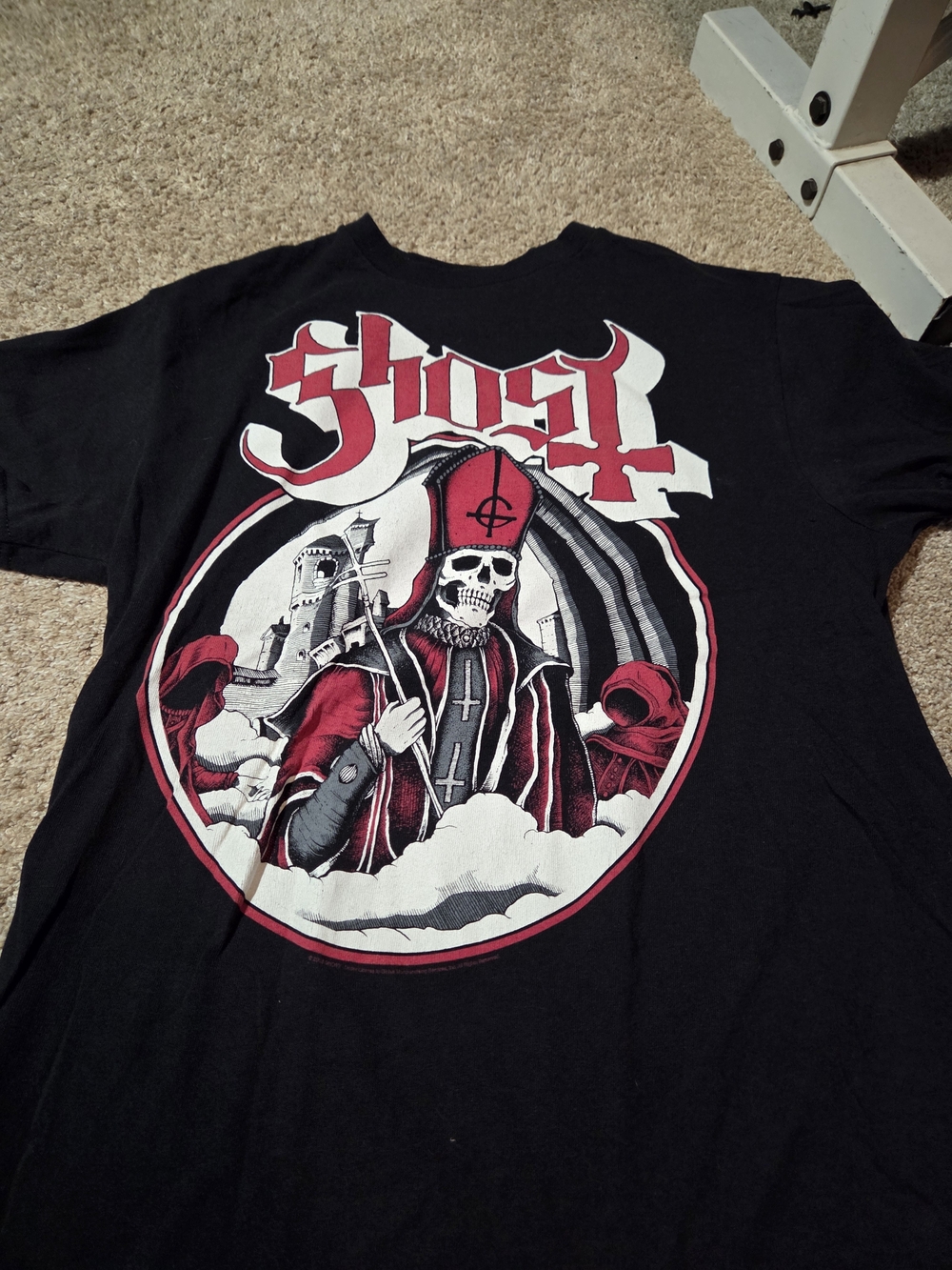 Ghost Graphic Black Band T-Shirt with Red and White Artwork